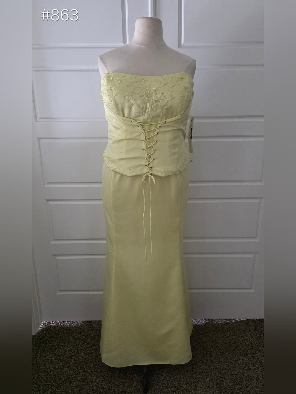 Yellow Satin Fit and Flare Strapless Lace-Up Corset Prom Dress
